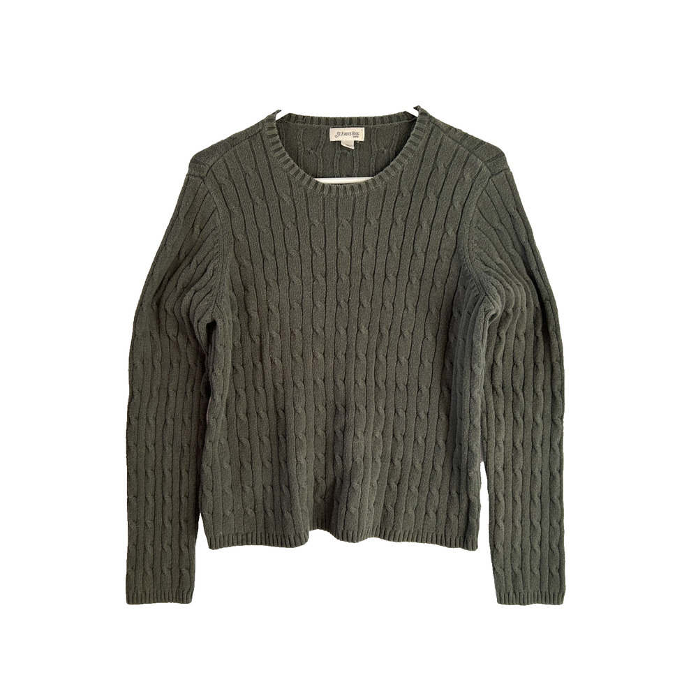 St Johns Bay Petite Large Cable Knit Sweater Green Crewneck Cotton Cozy Fall